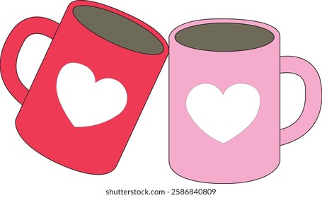 A cute Valentine's Day illustration featuring two heart-themed coffee mugs in red and pink, symbolizing love and togetherness. Perfect for romantic gifts, couple celebrations, and love-themed designs.