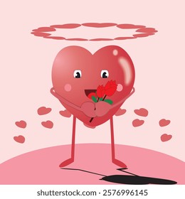 Cute Valentine's Day illustration of a lively heart holding a flower, symbolizing love and affection. Perfect for romantic designs