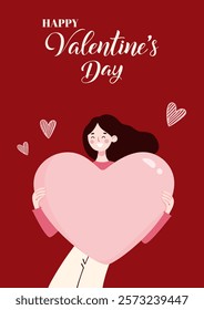 Cute Valentine's Day illustration of smiling woman holding big pink heart on red background. Perfect for love themed print designs, greeting cards, website banners, social media posts.