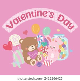 Cute Valentine's Day illustration with teddy bear and rabbit doll and candies