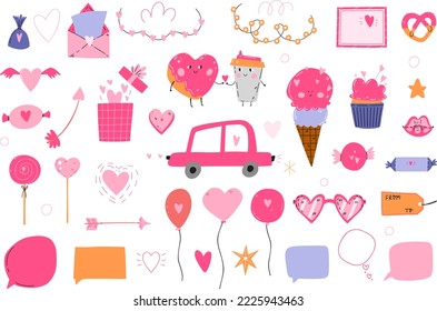 Cute Valentine's Day illustretion set. Valentine's collections with lovers animals, fruits for posters, greeting cards, flyers, labels, banners, invitations.