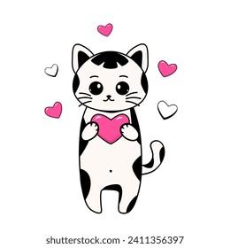 Cute Valentine's Day kitten with pink heart, flat design vector illustration isolated on white background, decorative element for card, banner.