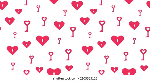 cute valentines day love pattern with red hearts and keys on white background. simple banner. make up packaging, key lock