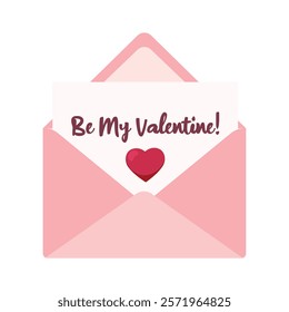 Cute Valentine's day mail letter. Romantic letter with open envelope and heart. Postal Love Letter envelope. Love and Valentine's day concept.