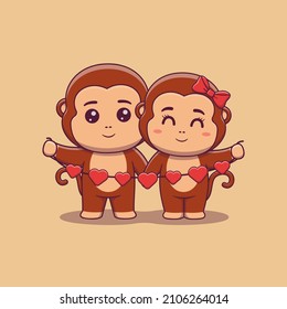 Cute Valentine's day monkey couple holding hearts garland