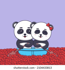 Cute Valentine's day panda couple rowing a canoe in the sea of hearts