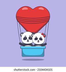 Cute Valentine's day panda couple on a heart shaped hot air balloon