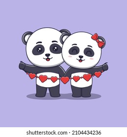 Cute Valentine's day panda couple holding hearts garland