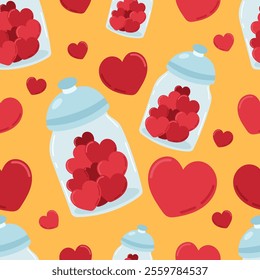 Cute Valentine's Day pattern with jar filled and red hearts on cheerful yellow background. Vector elements of Valentine's Day holiday in love heart - themed style. For invitations, cards, prints.