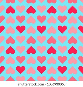Cute Valentine's day pattern with pink hearts on blue background. Cartoon flat hearts texture for lovely textile, wrapping paper, wallpaper, cover, surface