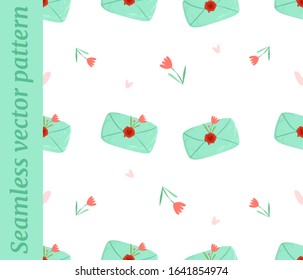 Cute Valentine's Day pattern, romantic background with a love letter, flowers and hearts. Elements for print, textile, book, postcard, stickers. Vector illustration