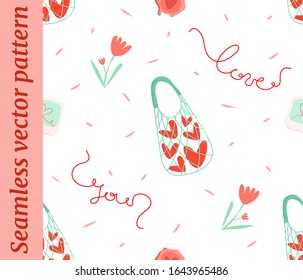 Cute Valentine's Day pattern, romantic background with a bag, flowers and hearts. Elements for print, textile, book, postcard, stickers. Vector illustration