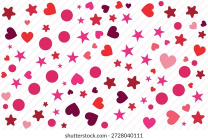 Lindo patrón de San Valentín con corazones dispersos, estrellas y puntos sobre fondo de rayas, diseño de papel de regalo