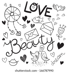 Cute Valentine's Day pattern. Vector background with Dreamcatcher, birds and signs love, beauty, dream.