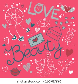 Cute Valentine's Day pattern. Vector background with Dreamcatcher, birds and signs love, beauty, dream.