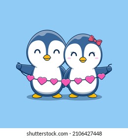 Cute Valentine's day penguin couple holding hearts garland