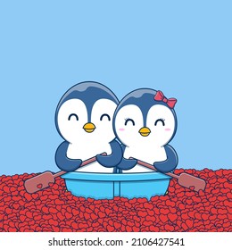 Cute Valentine's day penguin couple rowing a canoe in the sea of hearts