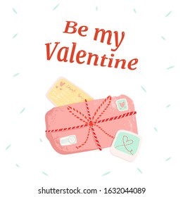 Cute Valentine's Day postcard, greeting card with a love letter and package. Elements for print, textile, book, postcard, stickers. Vector illustration