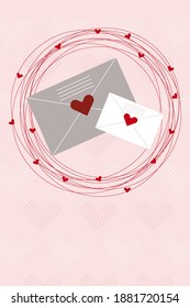 Cute Valentine's day postcard. Mails to your family and love framed with red hearts. Flat vector illustration.