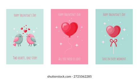 Tarjeta postal linda del día de San Valentín fijada con el lollypop de la forma del corazón, el globo y los pájaros. Bonita postal. Estilo plano de la historieta. Diseño de tarjetas de felicitación. Día de San Valentín, amor, romance. Ilustración vectorial.