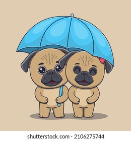Cute Valentine's day pug dog couple under the umbrella