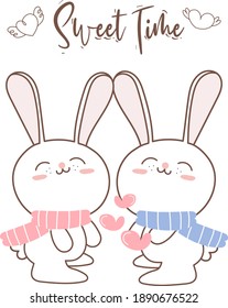 Cute valentine's day rabbit couple, hand drawn illustrations, doodle cartoon character.