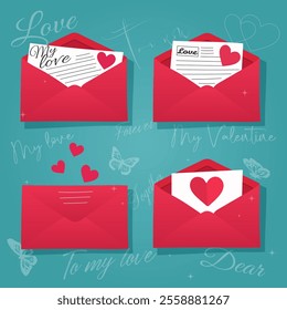 Cute Valentines Day red envelope set with love letters, hearts, and handwritten messages. Perfect for scrapbooking, greeting cards, posters, invitations, and stickers.