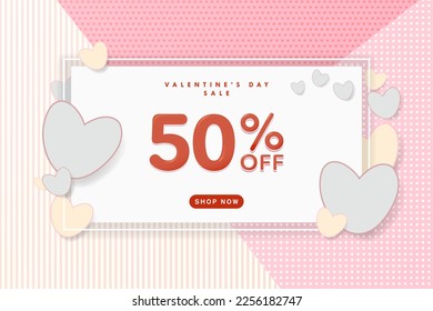 Cute Valentine's Day Sales Banner up to 50% off with floating paper hearts on polka dot and heart patterned background. Shop Now Button. Vector Illustration. EPS 10