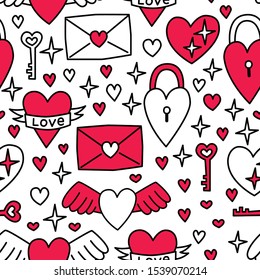 Cute Valentine's Day seamless pattern background with doodles of hearts in line art style for your decoration