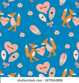 Cute valentine's day seamless pattern with foxes and hearts. Background for textiles, wrapping paper, wallpaper. Vector illustration.