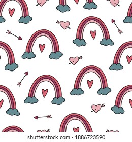 cute Valentine's day seamless pattern with doodles for holiday wrapping paper, textile prints, wallpaper, backgrounds, etc.
