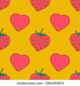 Cute Valentines Day seamless pattern with hearts and strawberry on a yellow background. Colorful strawberries and hearts vector pattern. Cartoon style. Can be used as wrapping paper, textile print etc