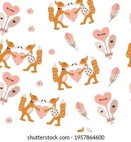 Cute valentine's day seamless pattern with foxes and hearts in boho style. Background for textiles, wrapping paper, wallpaper. Vector illustration.