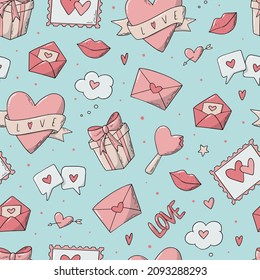 cute Valentine's day seamless pattern decorated with doodles on blue background. Good for wrapping paper, scrapbooking, textile prints, wallpaper, holiday decor, etc. EPS 10