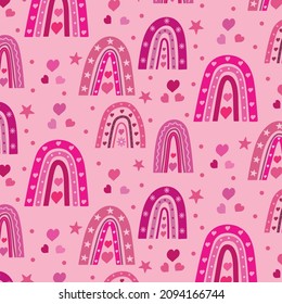 Cute Valentine's day seamless pattern with rainbow, hearts , stars and flowers  in Scandinavian  boho style on pink background. Great for nursery , wallpaper, textile and gift wrapping paper   