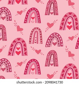 Cute valentines day  seamless pattern with red boho  rainbows with boho hearts  on light background.   Great for nursery , wallpaper, textile and gift wrapping paper