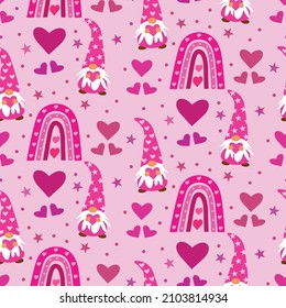 Cute valentines day seamless pattern with pink boho rainbow , gnomes, hearts, dots and stars over plush pink background. Great for gift wrapping paper, kids nursery , wallpaper and textile  