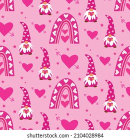 Cute San Valentín día sin fisuras con arcos rosados de boho , gnomos y corazones con flechas sobre fondo rosa de lustre.  Ideal para papel de envolver de regalo, guardería infantil, papel pintado y textiles  