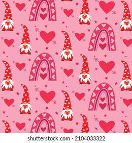 Cute valentines day seamless pattern with  red boho rainbows , gnomes and hearts with arrows on plush pink background.  Great for gift wrapping paper, kids nursery , wallpaper and textile  