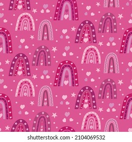 Cute Valentine's day seamless pattern with pink rainbows, white hearts in  boho style on fuchsia background. Great for nursery , kids room  , wallpaper, textile and gift wrapping paper   