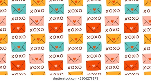 Cute Valentines day seamless pattern. Love envelopes, xoxo. Vector for valentines day, stickers, greeting cards