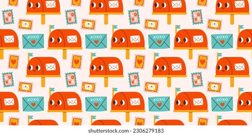 El lindo día de San Valentín sin problemas. Buzón, correo y sellos. Vector para el día de San Valentín, pegatinas, tarjetas de felicitación