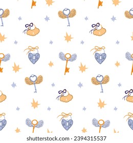 Cute Valentines day seamless pattern. Vintage key with wings, love lock and stars. Vector for valentines day, stickers, greeting cards