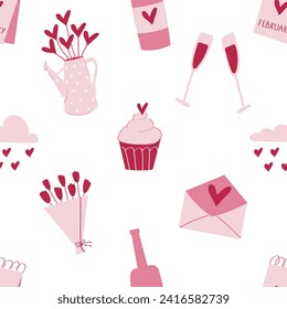 Cute Valentine's Day seamless pattern. Pink cartoon style love elements.