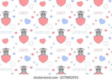 Cute Valentine's Day seamless pattern with cat, heart, paw prints and lettering. Festive design for wrapping paper, fabric, wallpaper, cards. Vector illustration