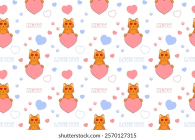 Cute Valentine's Day seamless pattern with cat, heart, paw prints and lettering. Festive design for wrapping paper, fabric, wallpaper, cards. Vector illustration