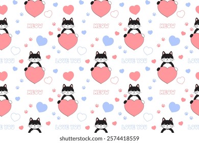 Cute Valentine's Day seamless pattern with cat, heart, paw prints and lettering. Festive design for wrapping paper, fabric, wallpaper, cards. Vector illustration