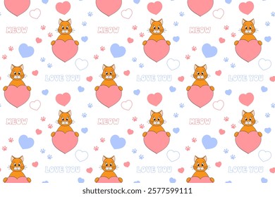 Cute Valentine's Day seamless pattern with cat, heart, paw prints and lettering. Festive design for wrapping paper, fabric, wallpaper, cards. Vector illustration