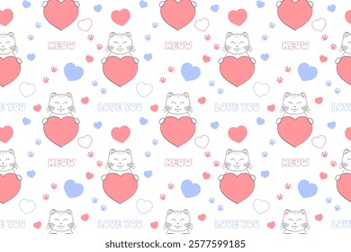 Cute Valentine's Day seamless pattern with cat, heart, paw prints and lettering. Festive design for wrapping paper, fabric, wallpaper, cards. Vector illustration