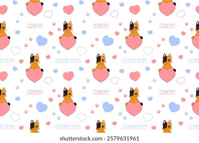 Cute Valentine's Day seamless pattern with cat, heart, paw prints and lettering. Festive design for wrapping paper, fabric, wallpaper, cards. Vector illustration